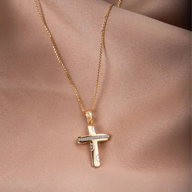 14K Baptism Cross with Pattern and Chain