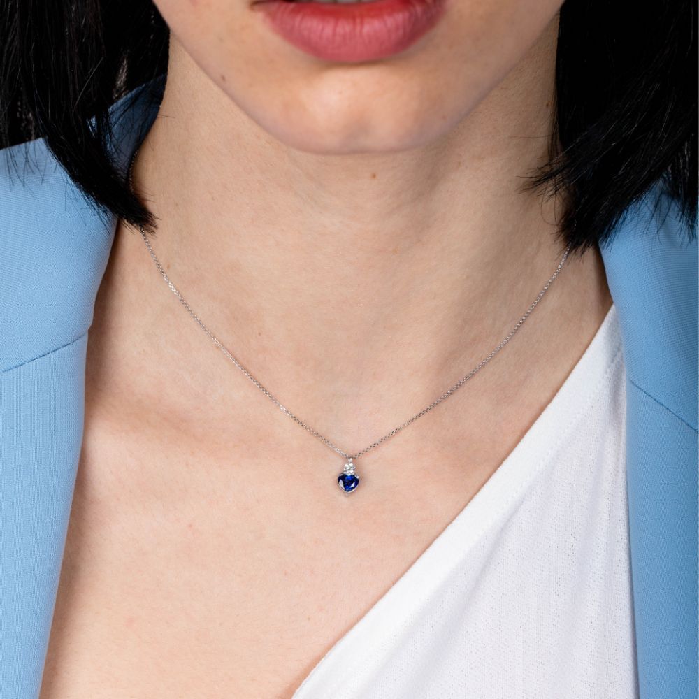Blue Sapphire Heart Diamond Necklace 14K White Gold