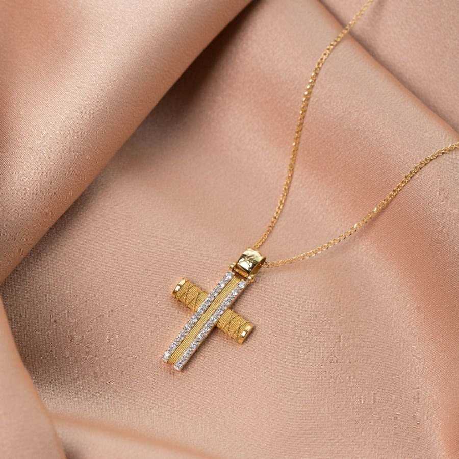 14K Gold Christening Textured Cross with Chain KYKLOS