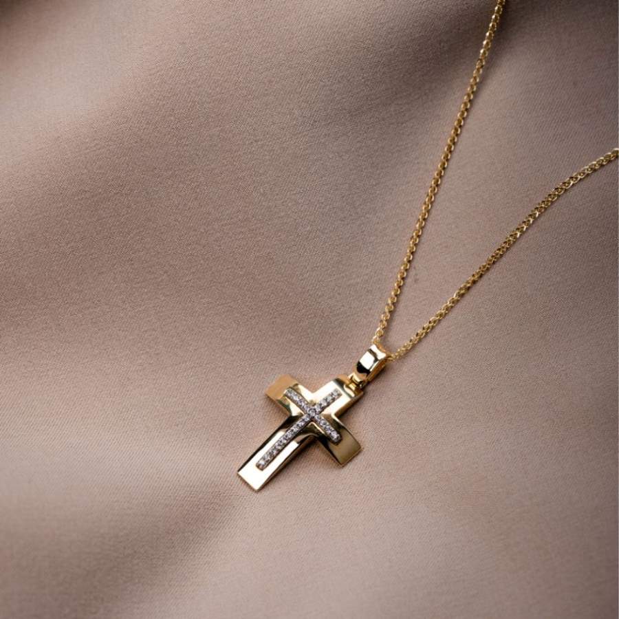 14K Gold Geometric Baptism Cross with Chain