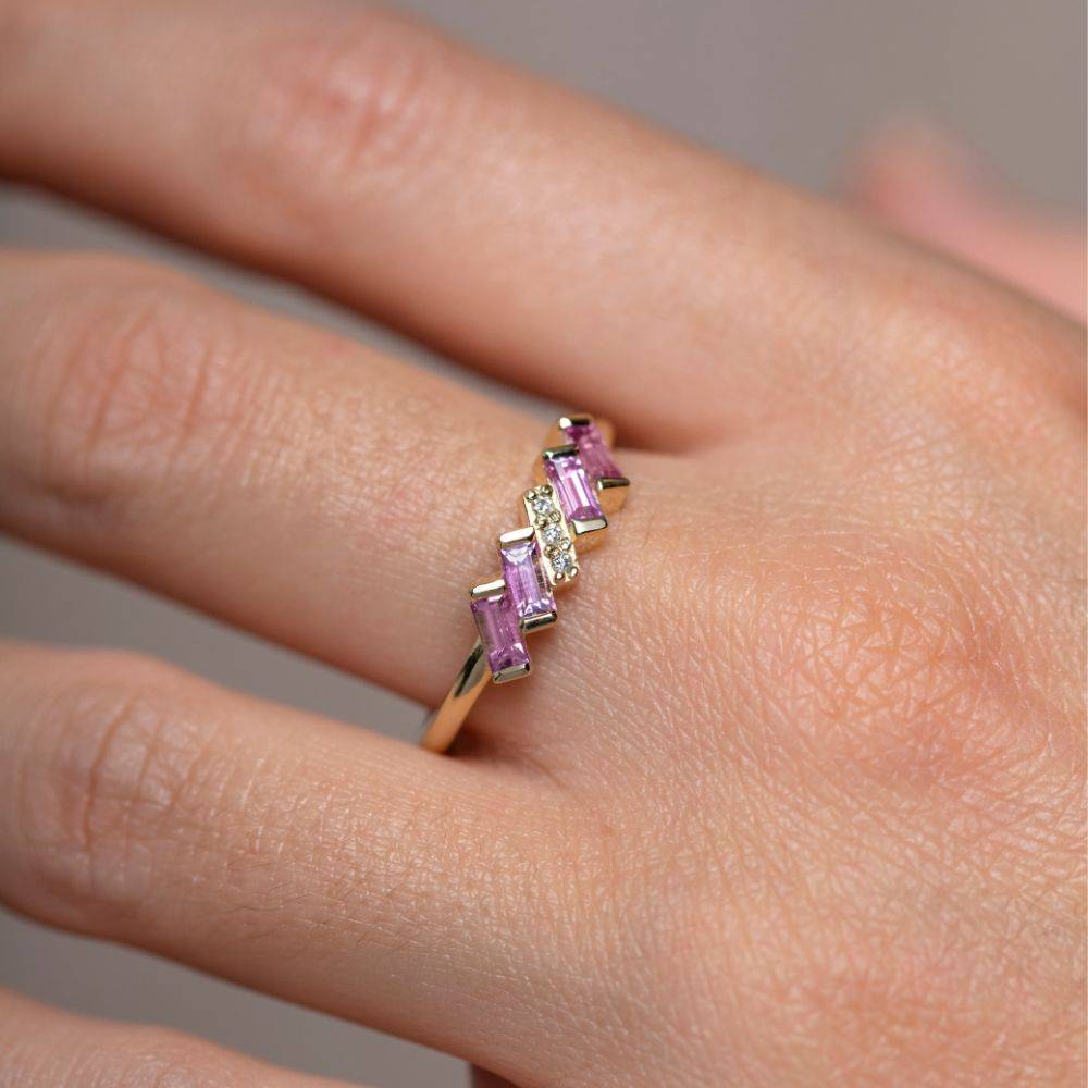 14K Gold Ring Diamond Pink Sapphires