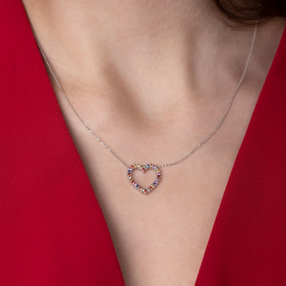 Multicolor Sapphire Heart Necklace 14K Gold