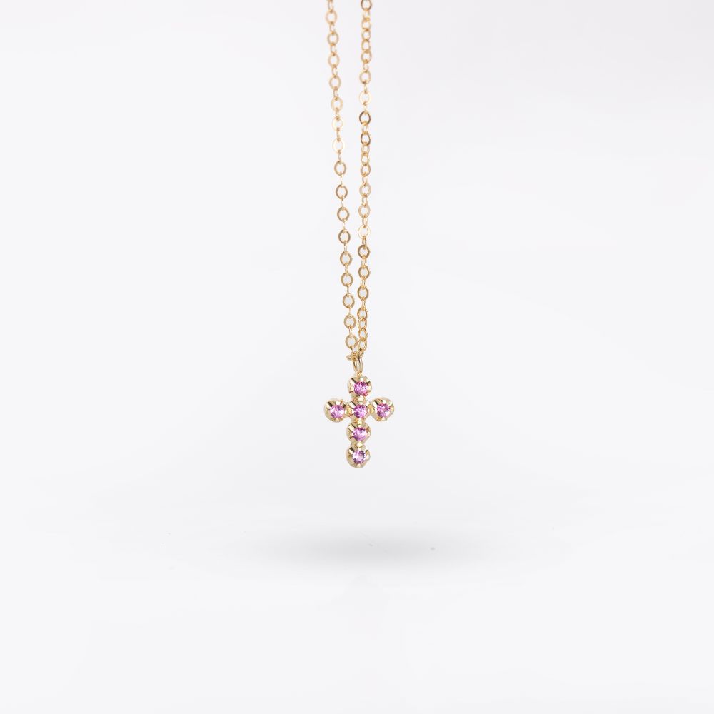 Small Cross Necklace Pink Sapphire 14K Gold