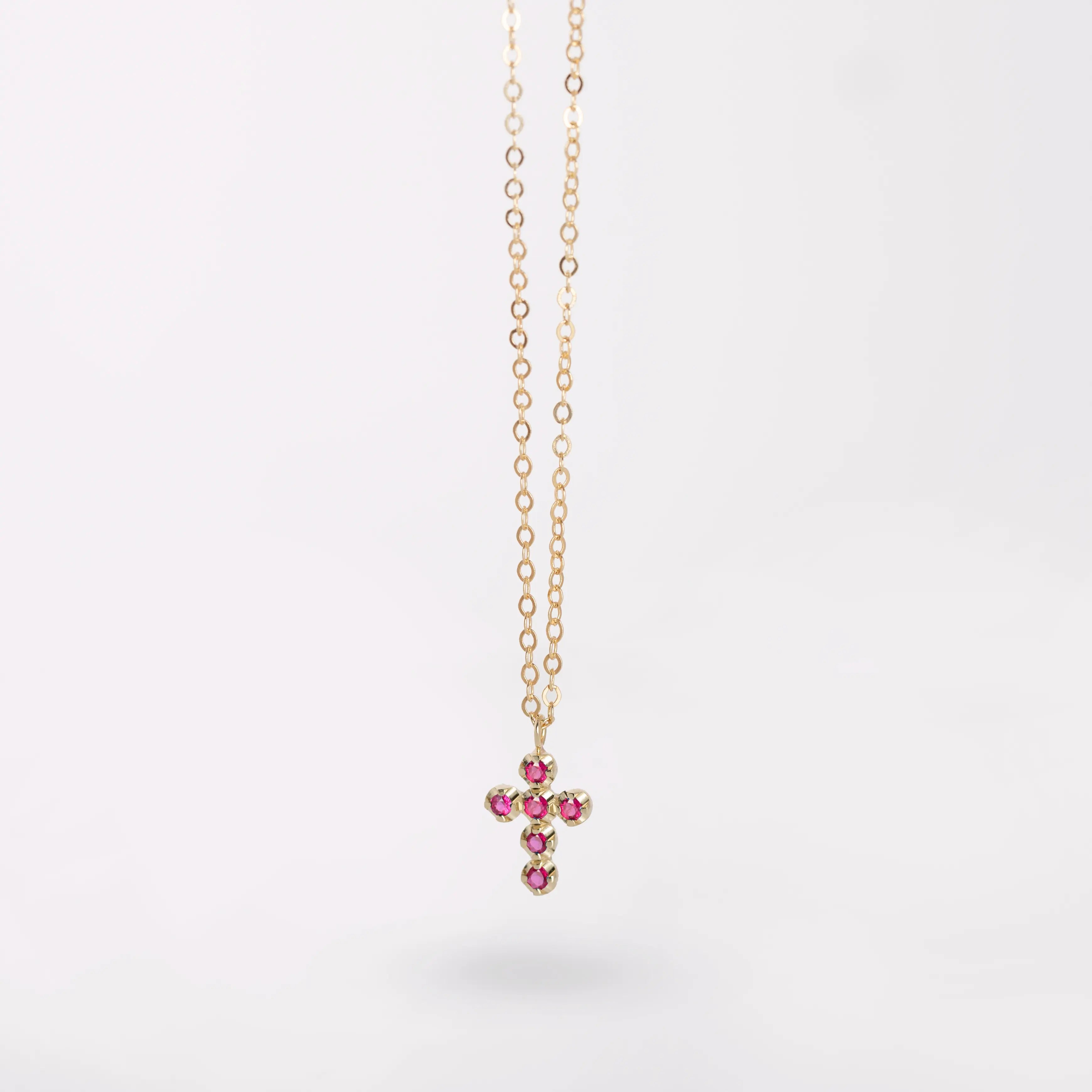 Small Cross Necklace Ruby 14K Gold