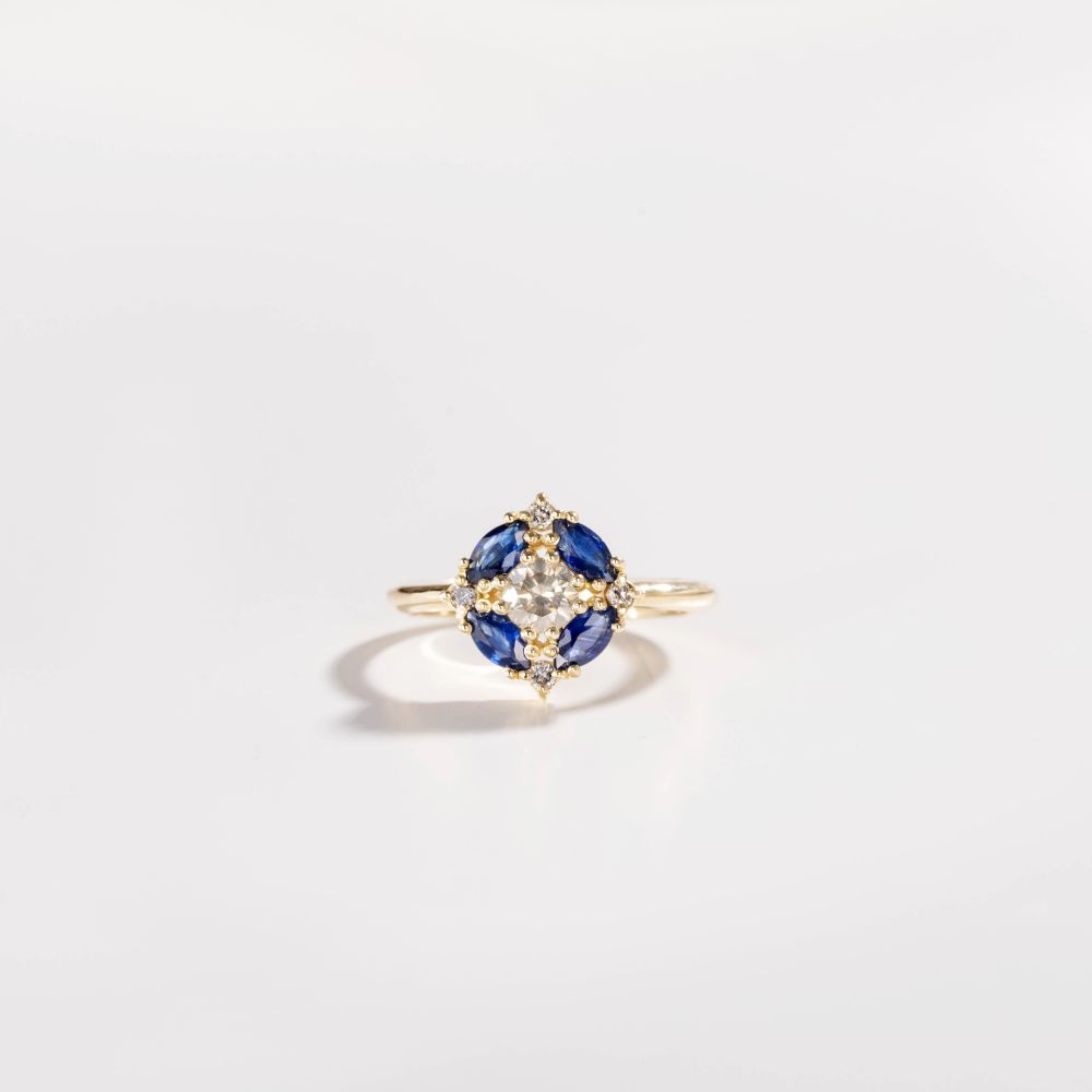 Blue Sapphires Marquise Gray Diamond Ring 14K Gold