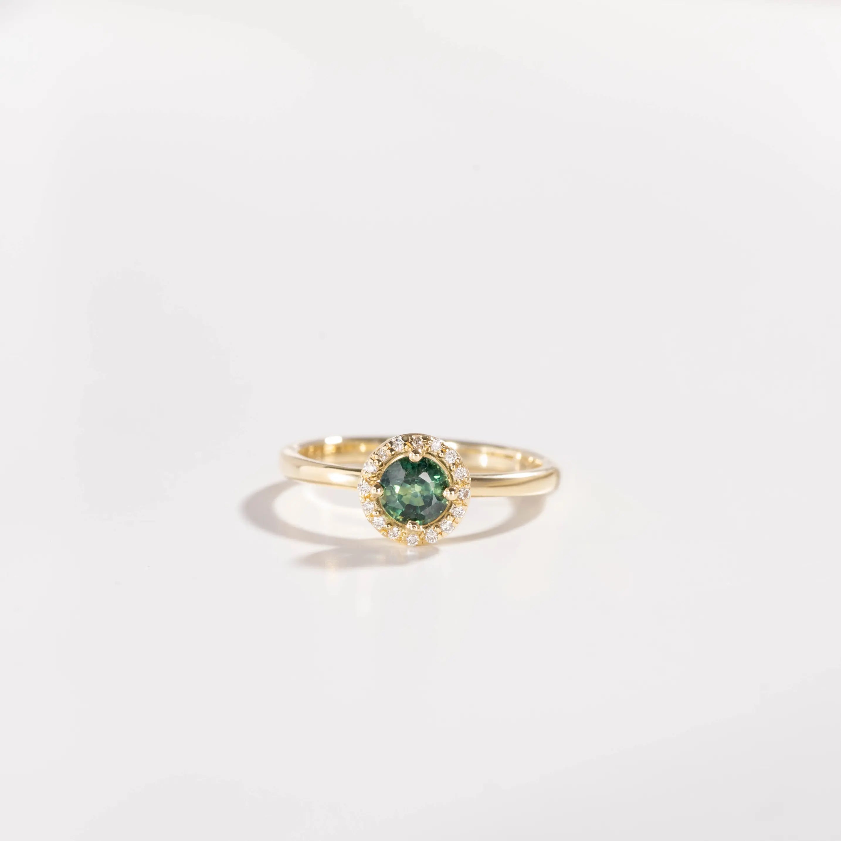 14K Halo Engagement Ring Green Sapphire Diamond