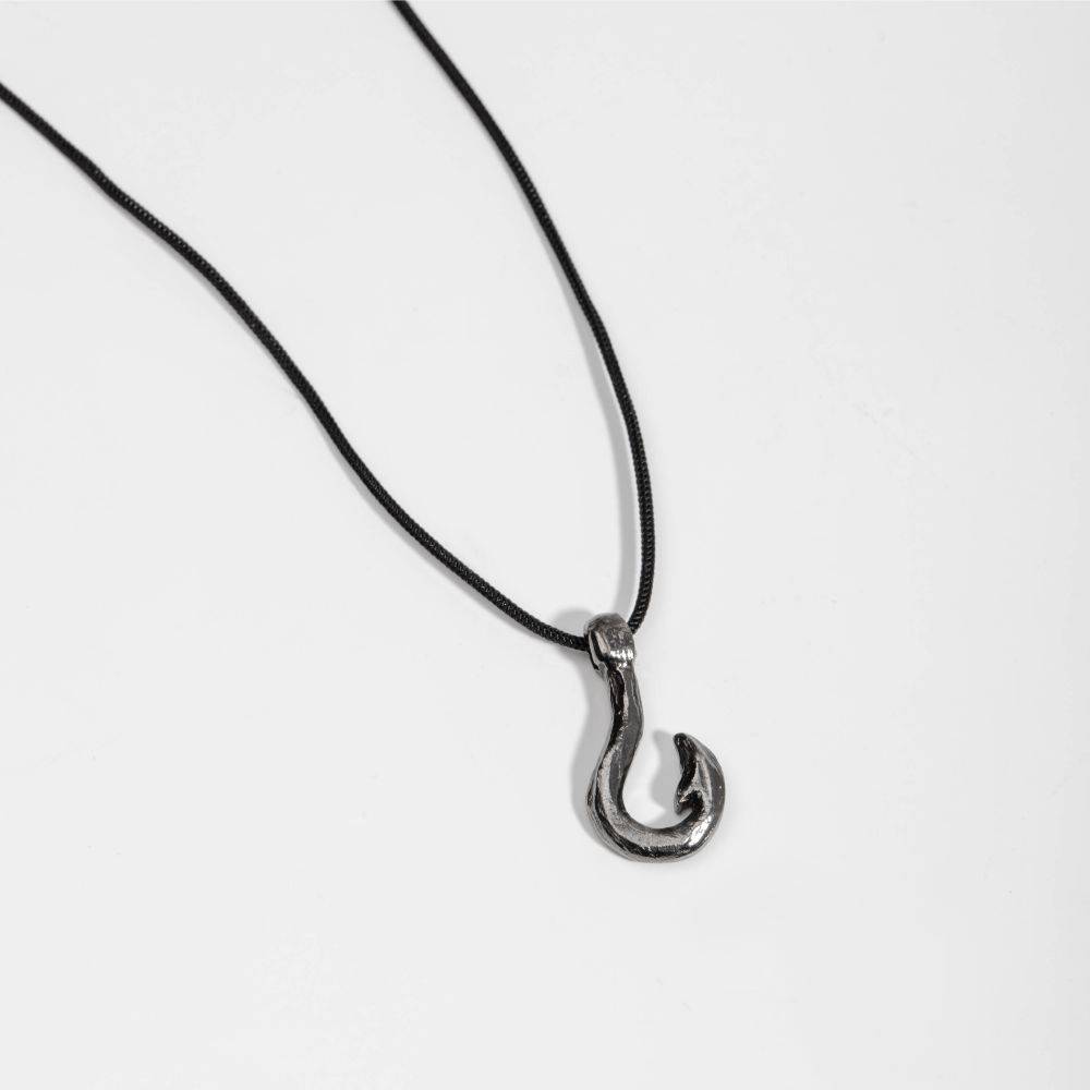 Fishhook Pendant Necklace Oxidized Silver