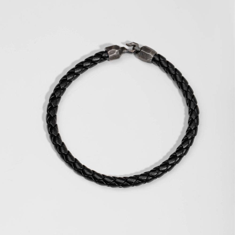 Black Leather Cord Bracelet Sterling Silver