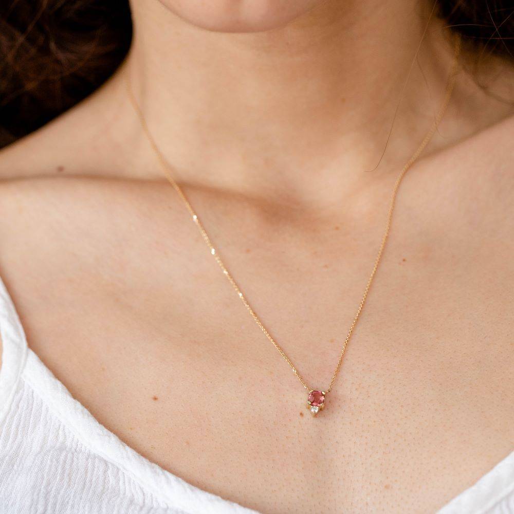 Pink Tourmaline Diamond Necklace 14K Gold