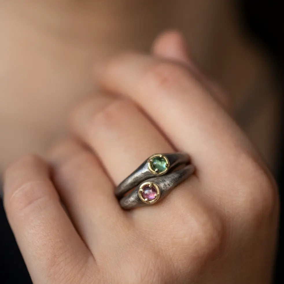 14K Gold Oxidized Silver 925 Tourmaline Ring
