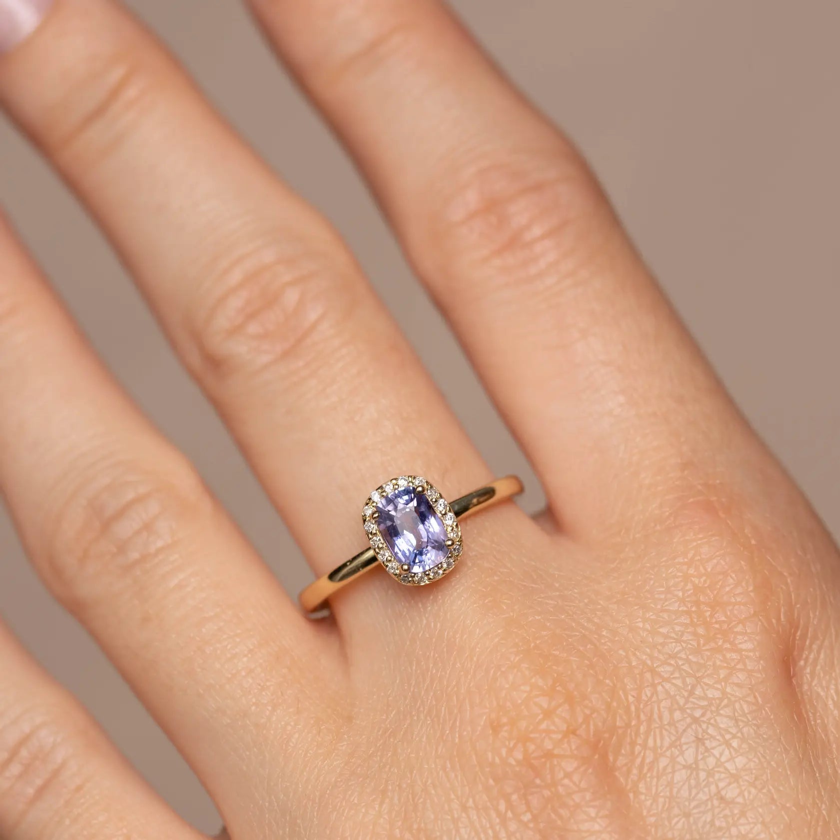 Halo Engagement Ring Purple Sapphire Diamond 14K
