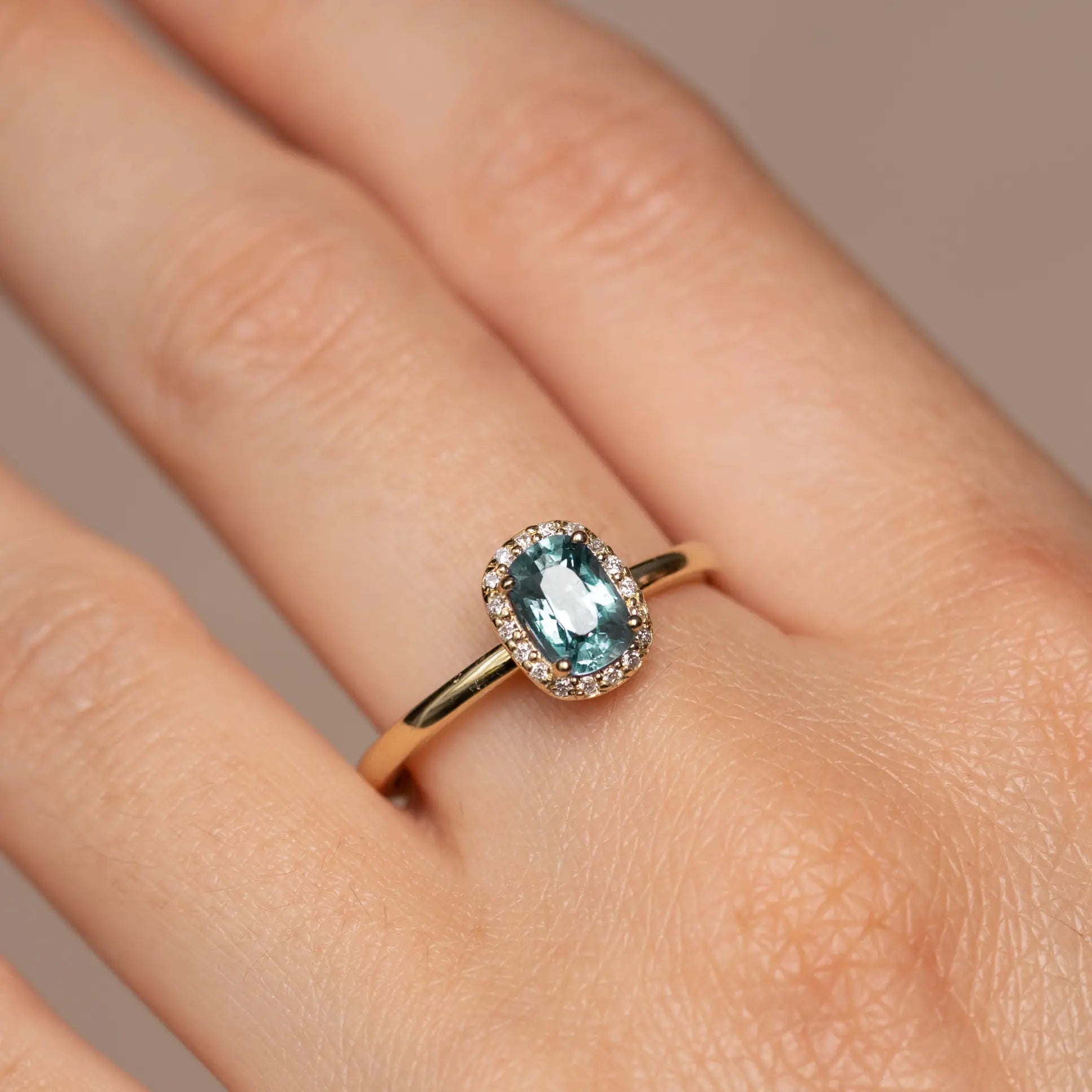 Halo Engagement Ring Teal Sapphire Diamond 14K