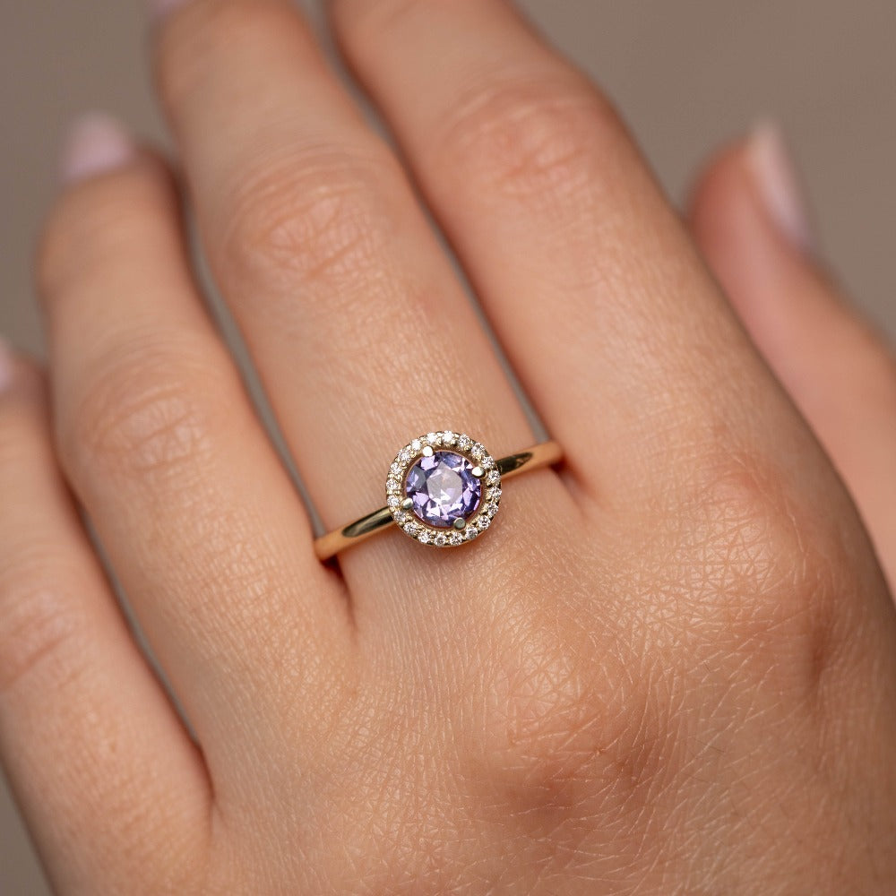 14K Halo Engagement Ring Purple Sapphire Diamond