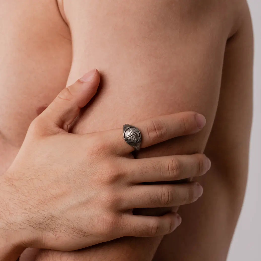 Cross Signet Ring Oxidized Silver