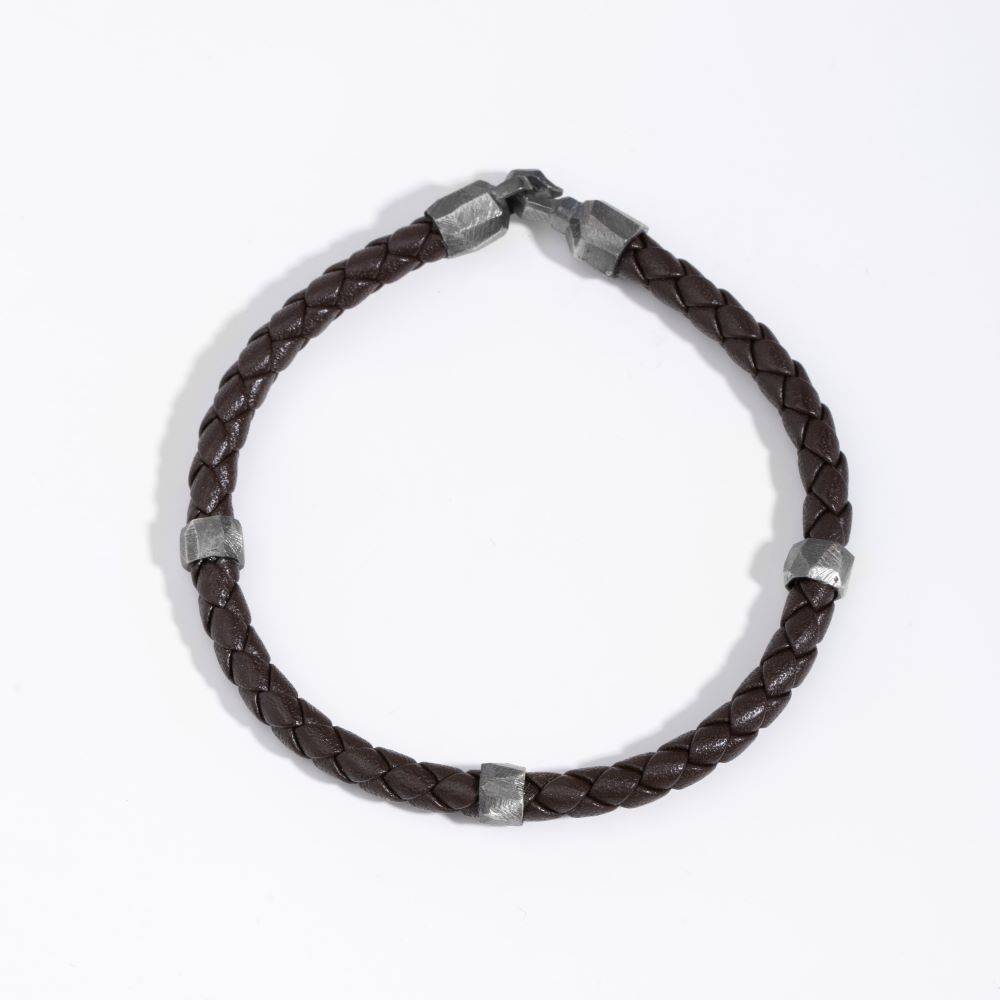 Silver Black Leather Braid Bracelet