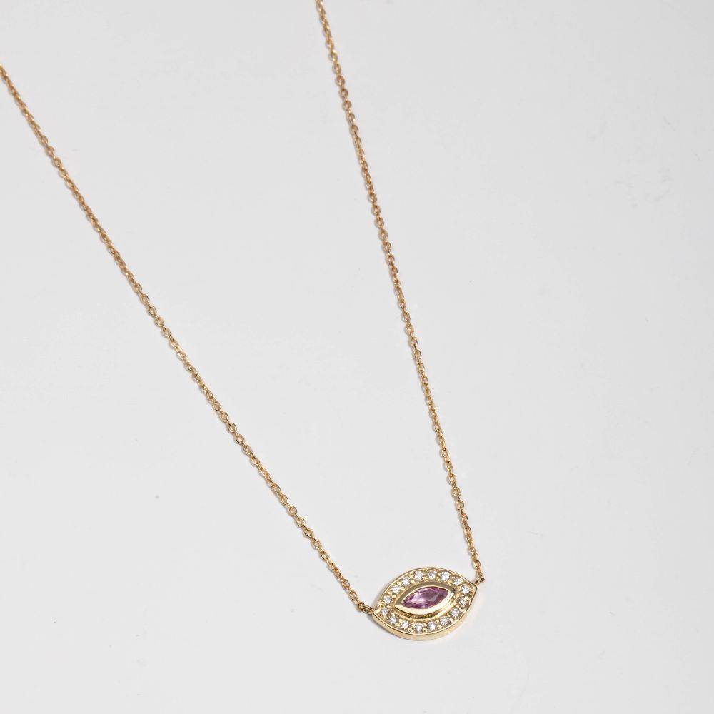 Pink Sapphire Diamond Eye Necklace 14K Gold