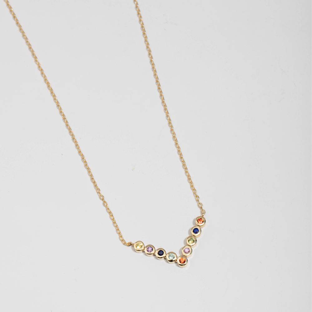 Multicolor Sapphire V Bar Necklace 14K