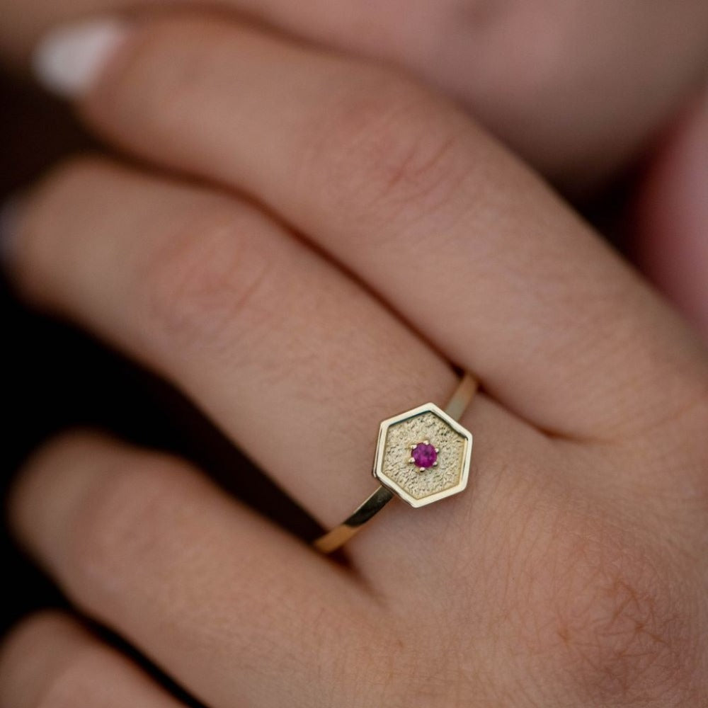 14K Gold Hexagon Ruby Ring