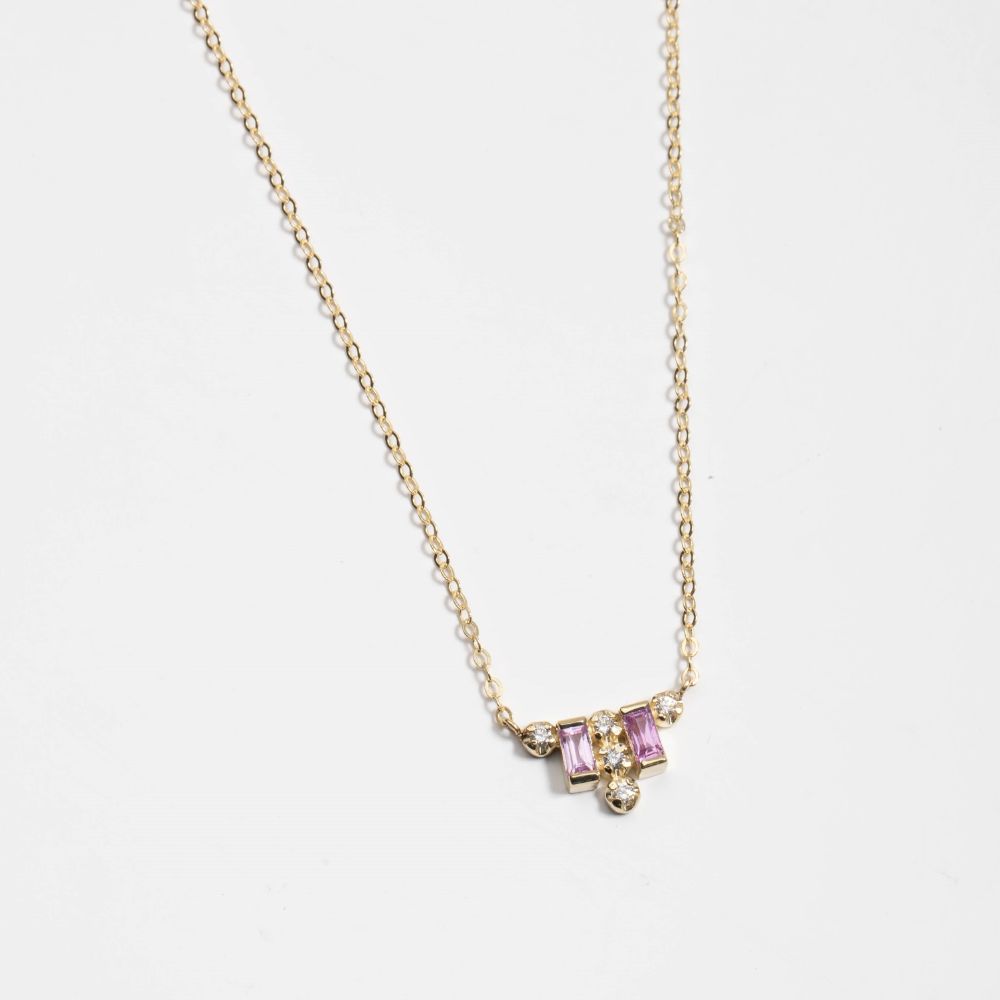 Pink Sapphire Diamond Baguette Necklace 14K Gold