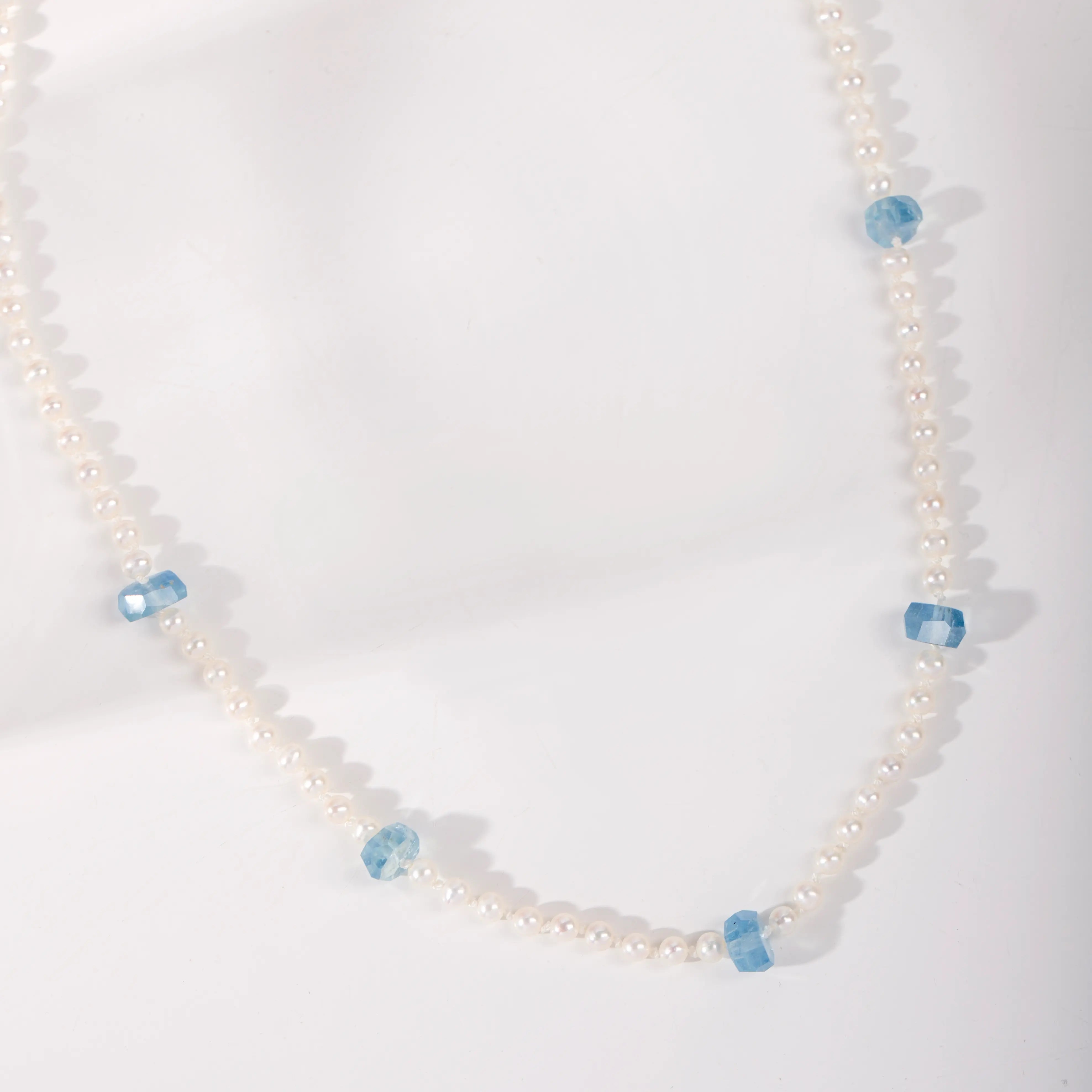 14K Gold Pearl Necklace with Aquamarine