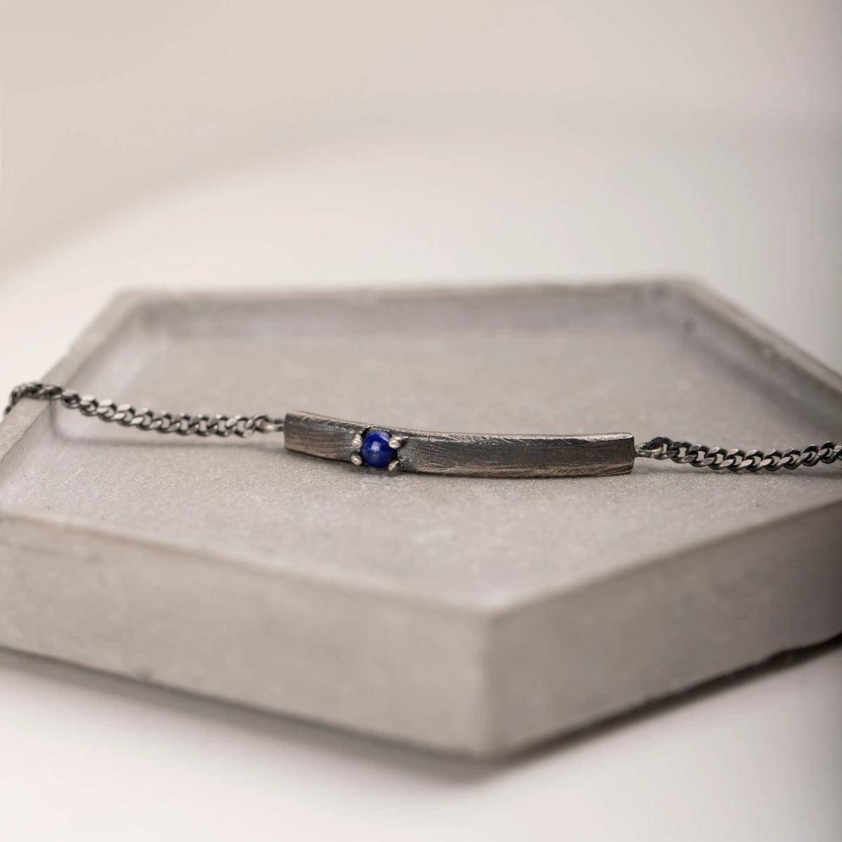 Close-up of Men's Personalized Lapis Lazuli Bracelet in Oxidized Silver