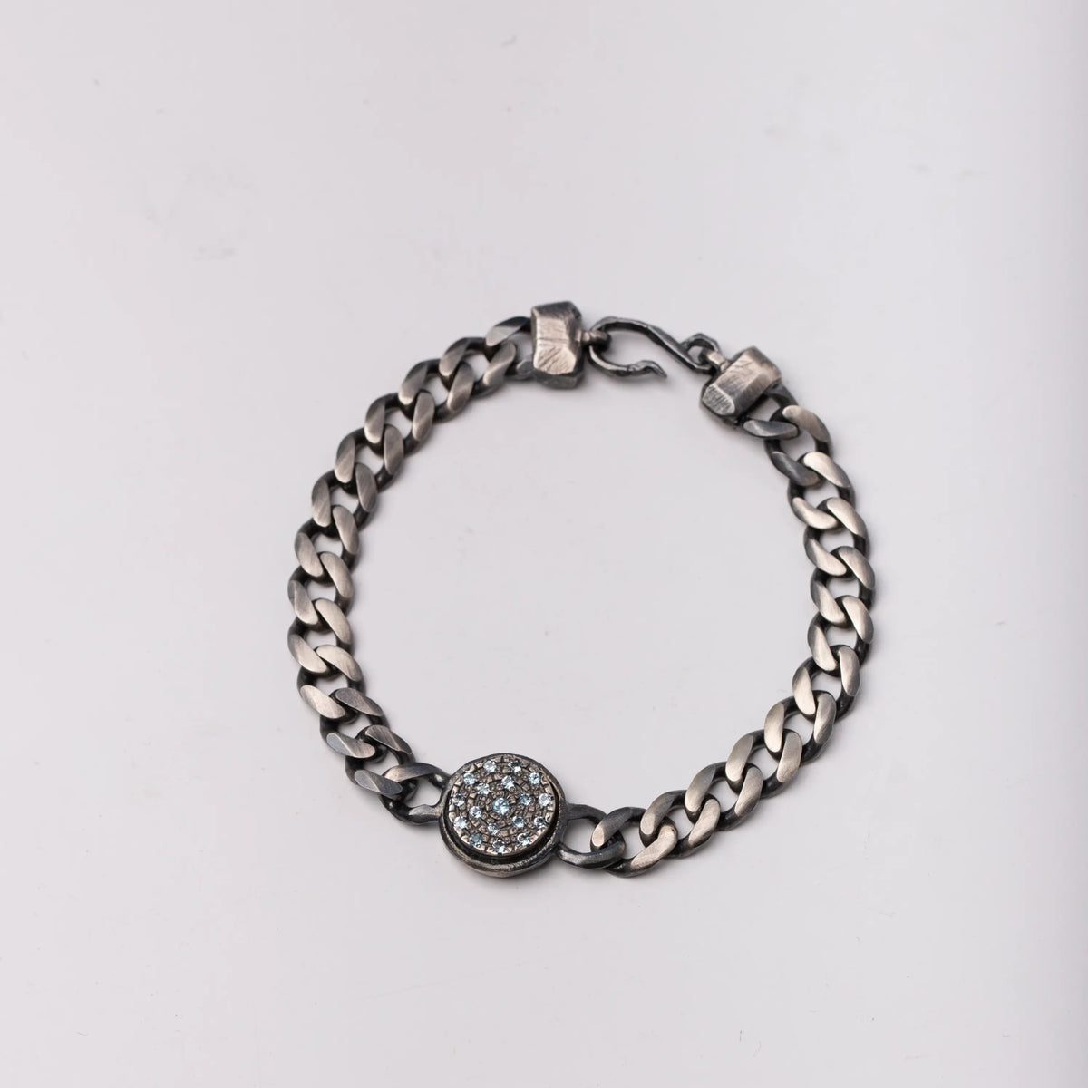Close-up of Men's Swiss Blue Topaz Bracelet in Oxidized Sterling Silver