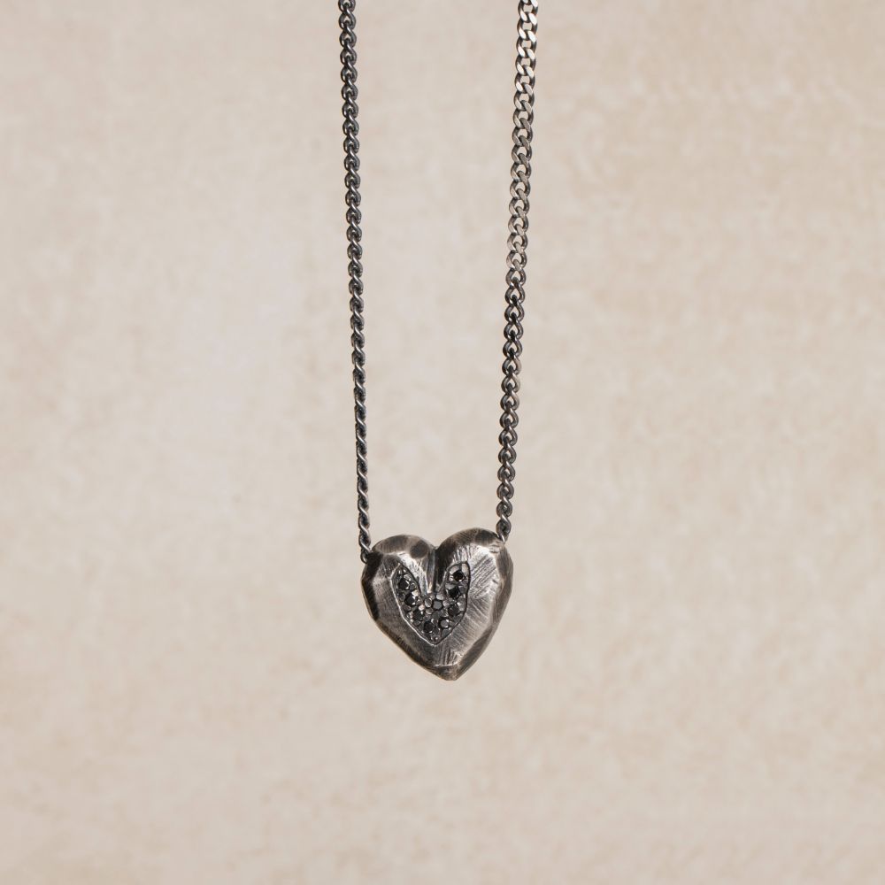 Heart Necklace Oxidized Silver Black Diamonds