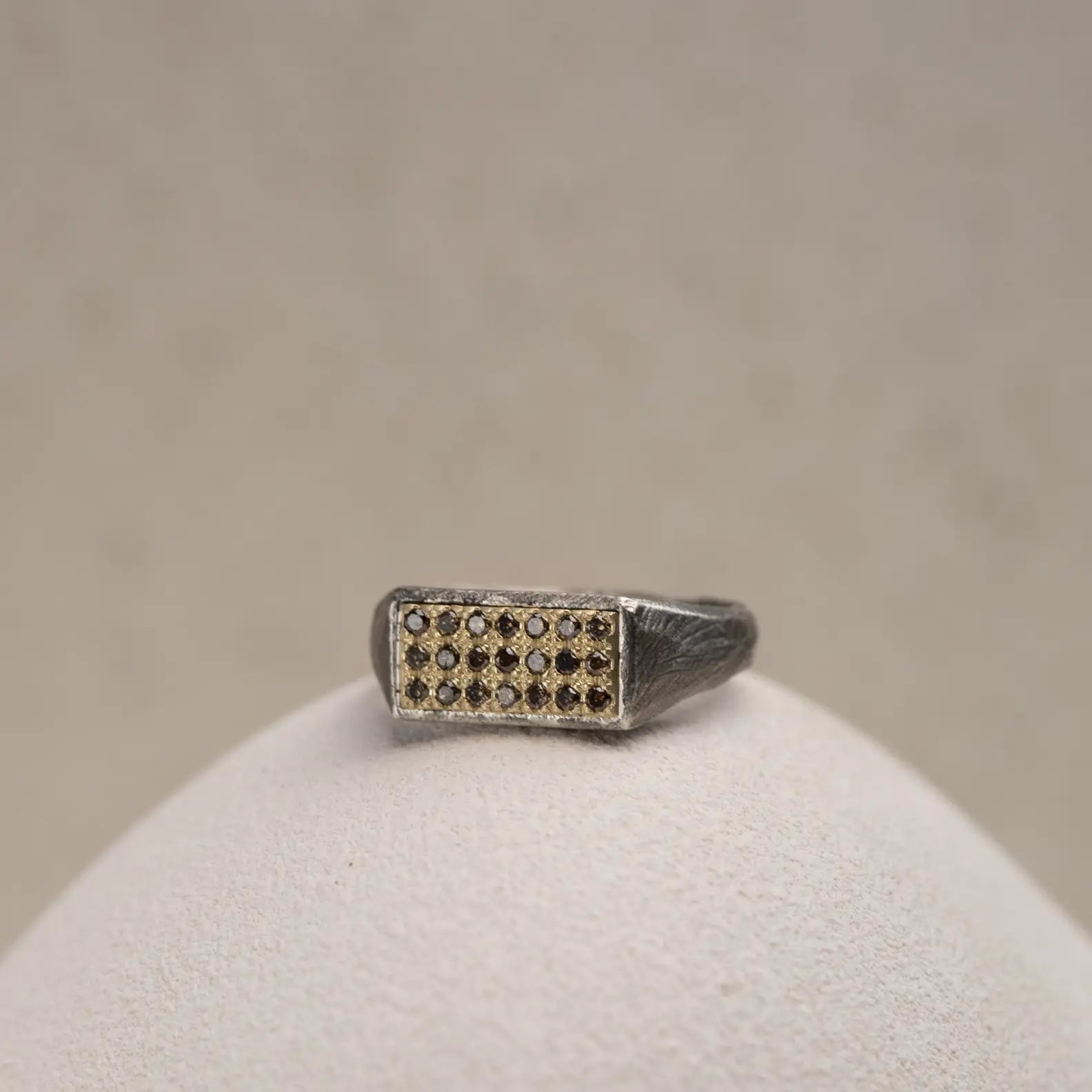 14K Gold and Silver Signet Ring With Brown Diamonds