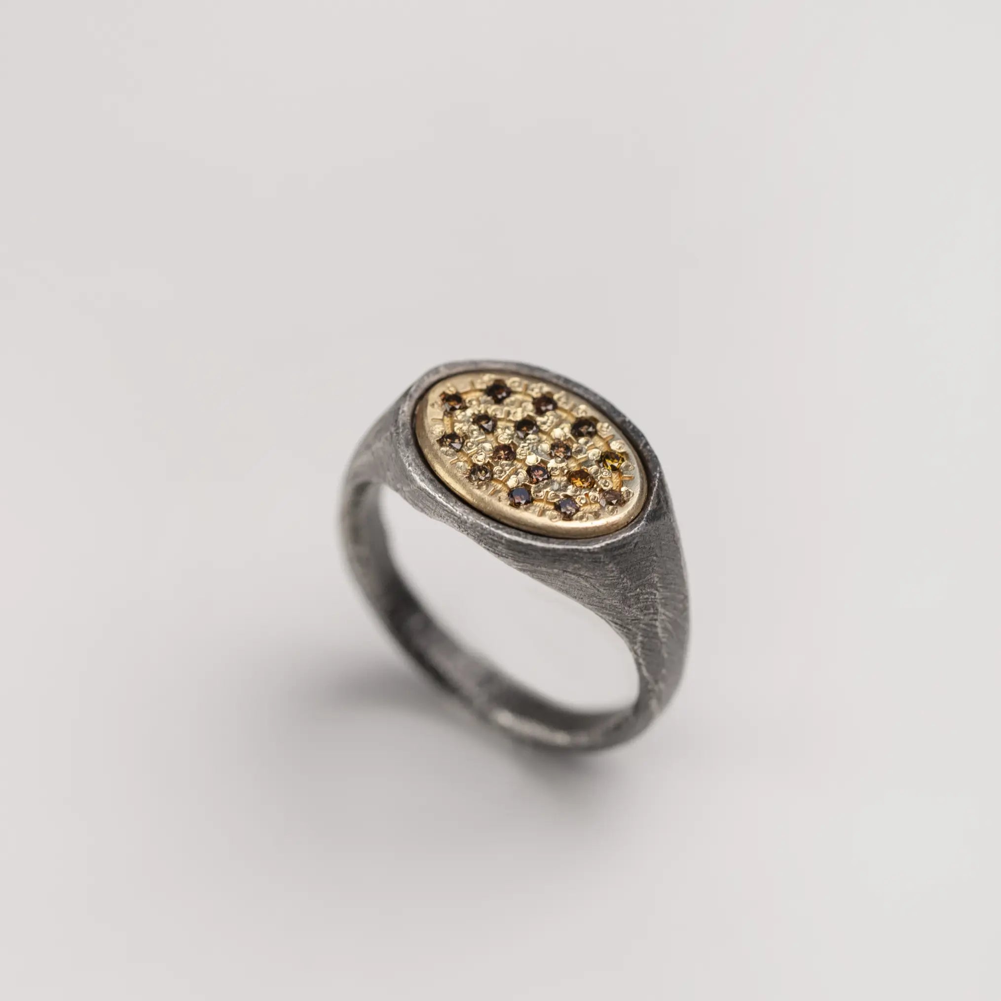 14K Gold and Silver Oval Ring With Brown Diamonds