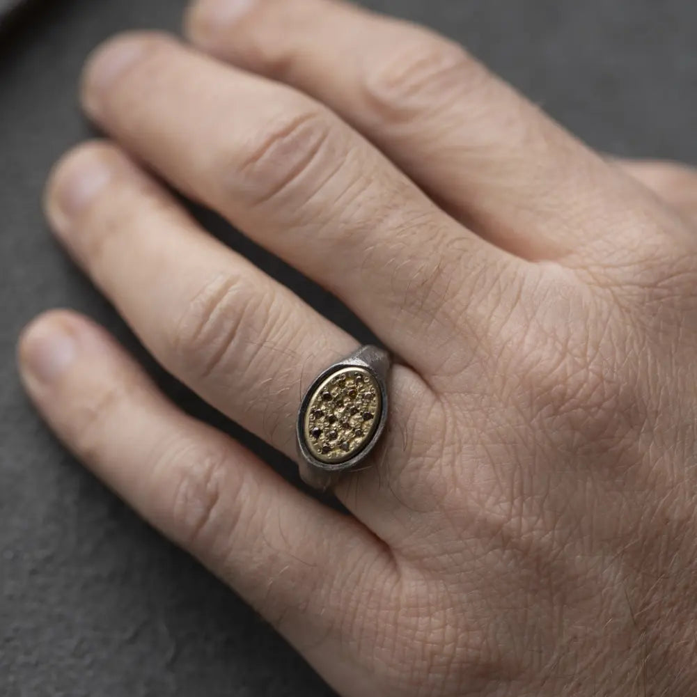 14K Gold and Silver Oval Ring With Brown Diamonds