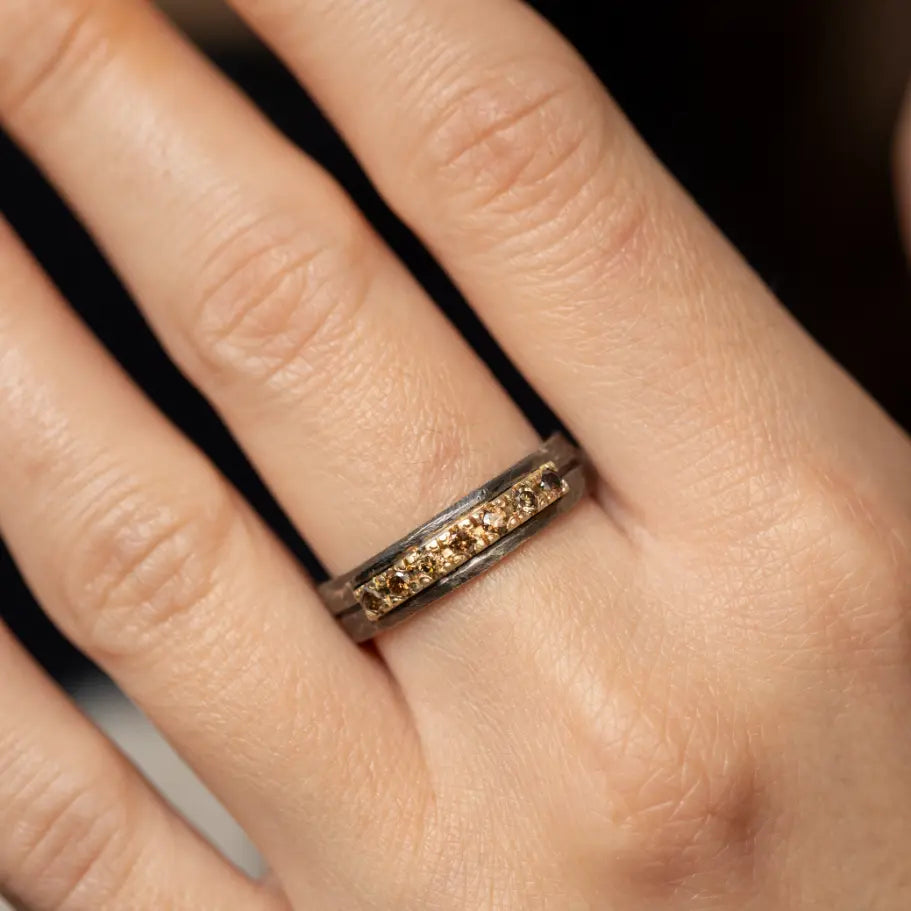 Brown Diamonds Band Ring 14K Gold and Silver 925