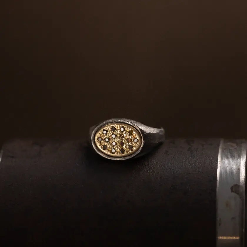 14K Gold and Silver Oval Ring With Brown Diamonds