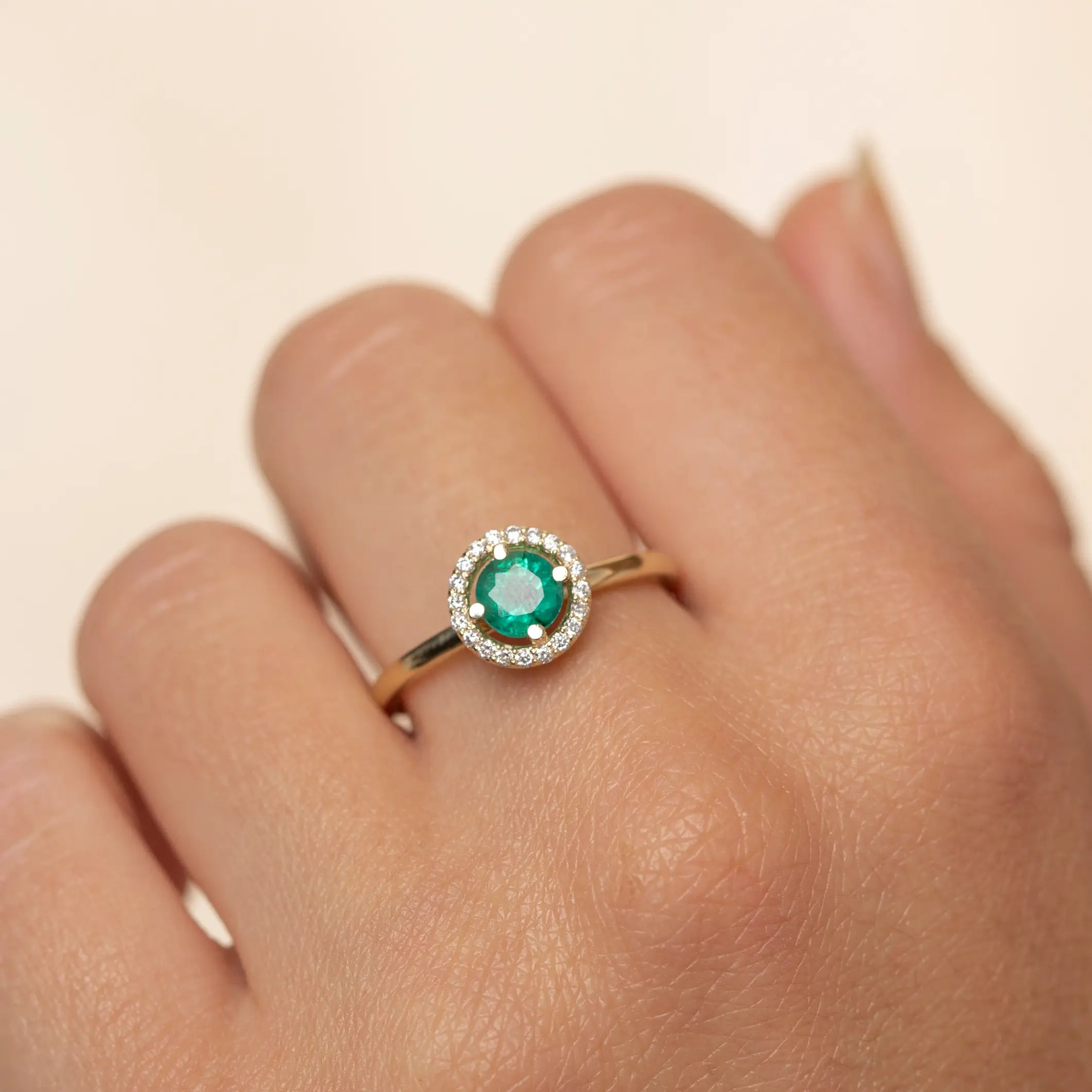 14K Halo Engagement Ring Emerald Diamond