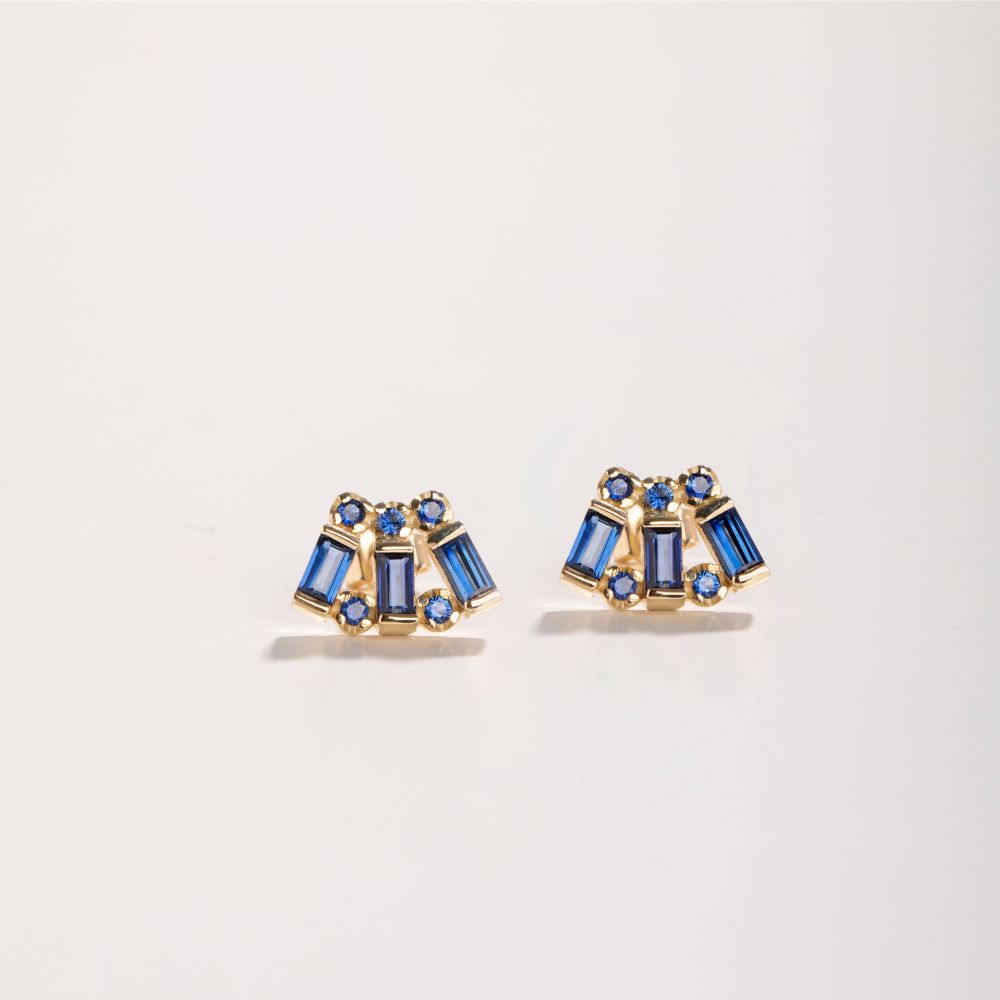 Blue Sapphire Baguette Stud Earrings 14K Gold