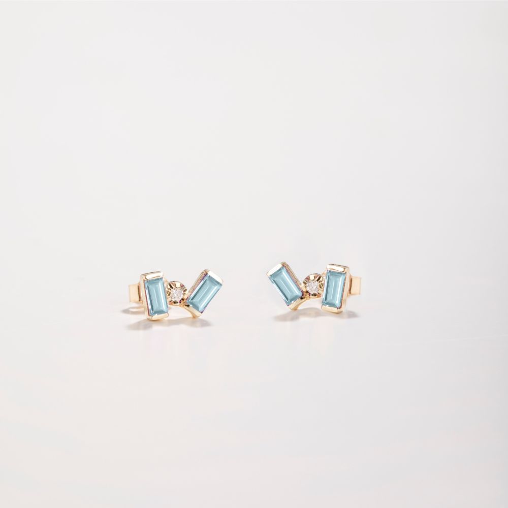 Blue Topaz Baguette Diamond Stud Earrings 14K