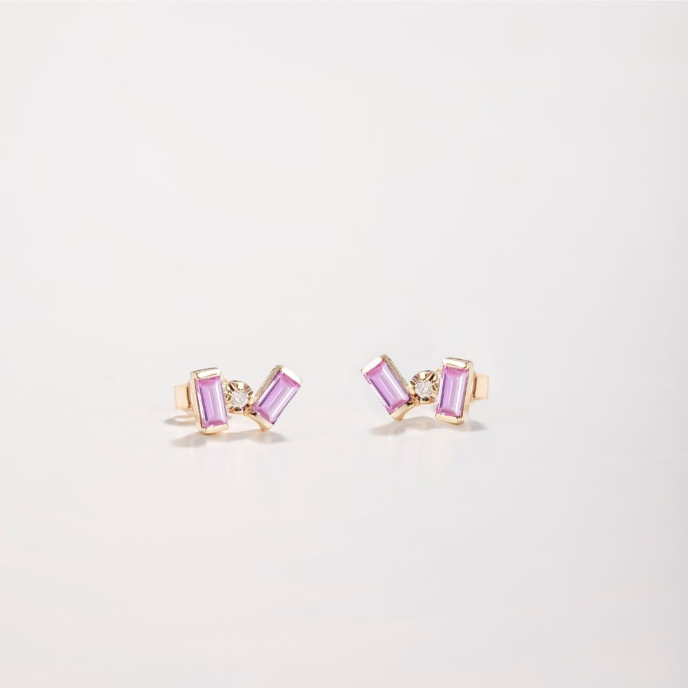 Baguette Pink Sapphire Diamond Stud Earrings 14K