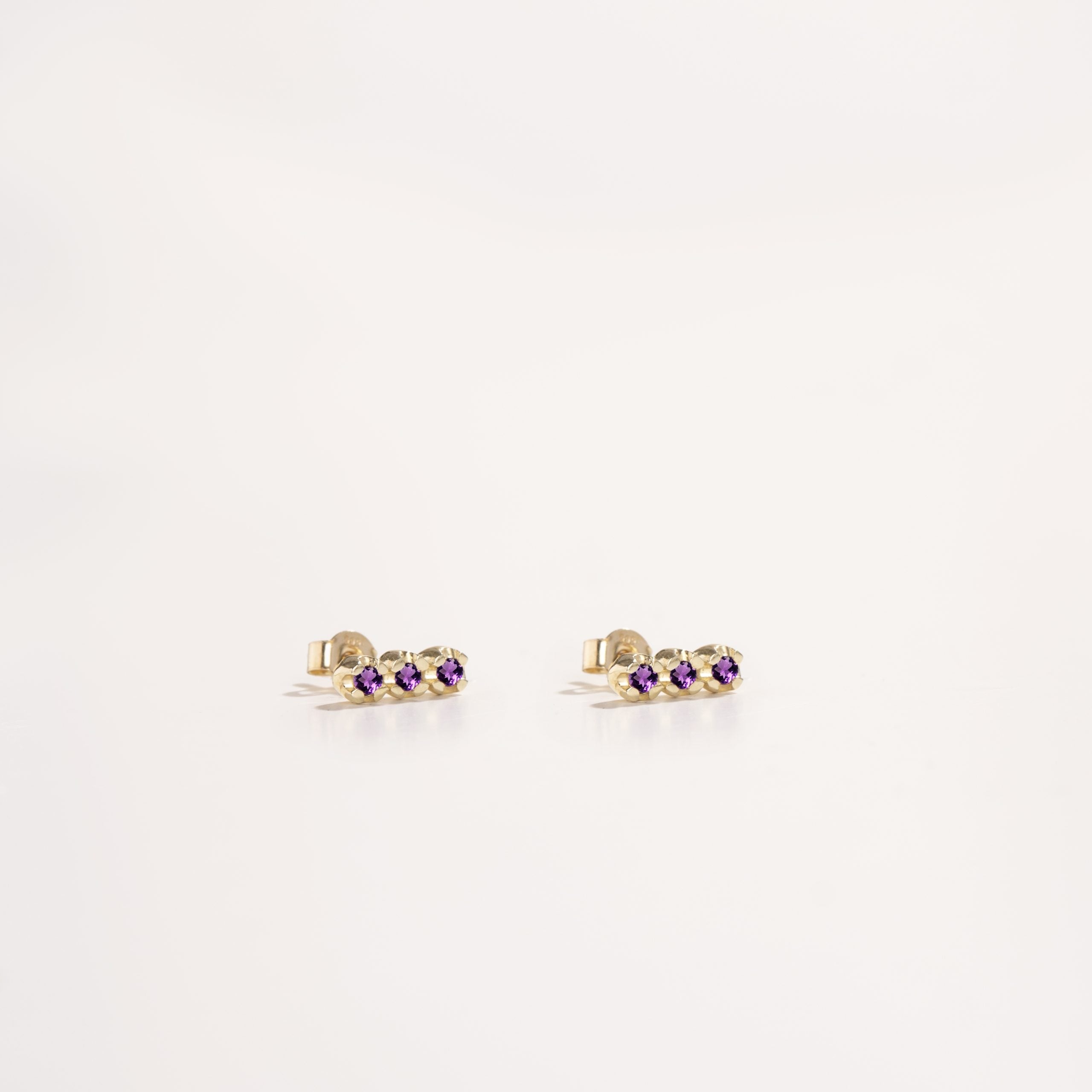 3 Purple Amethyst Stud Earrings 14K Gold