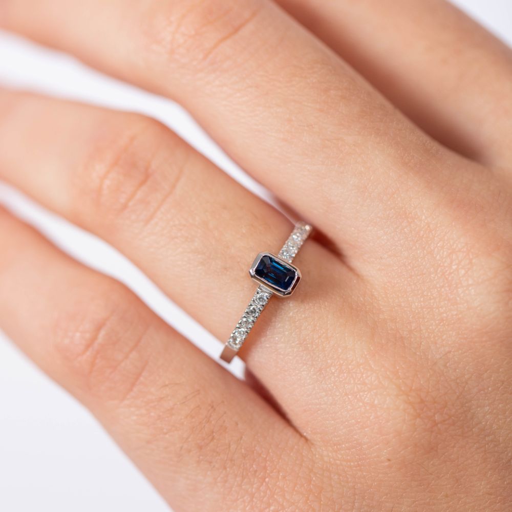 Sapphire Engagement Ring Pave Diamonds 14K