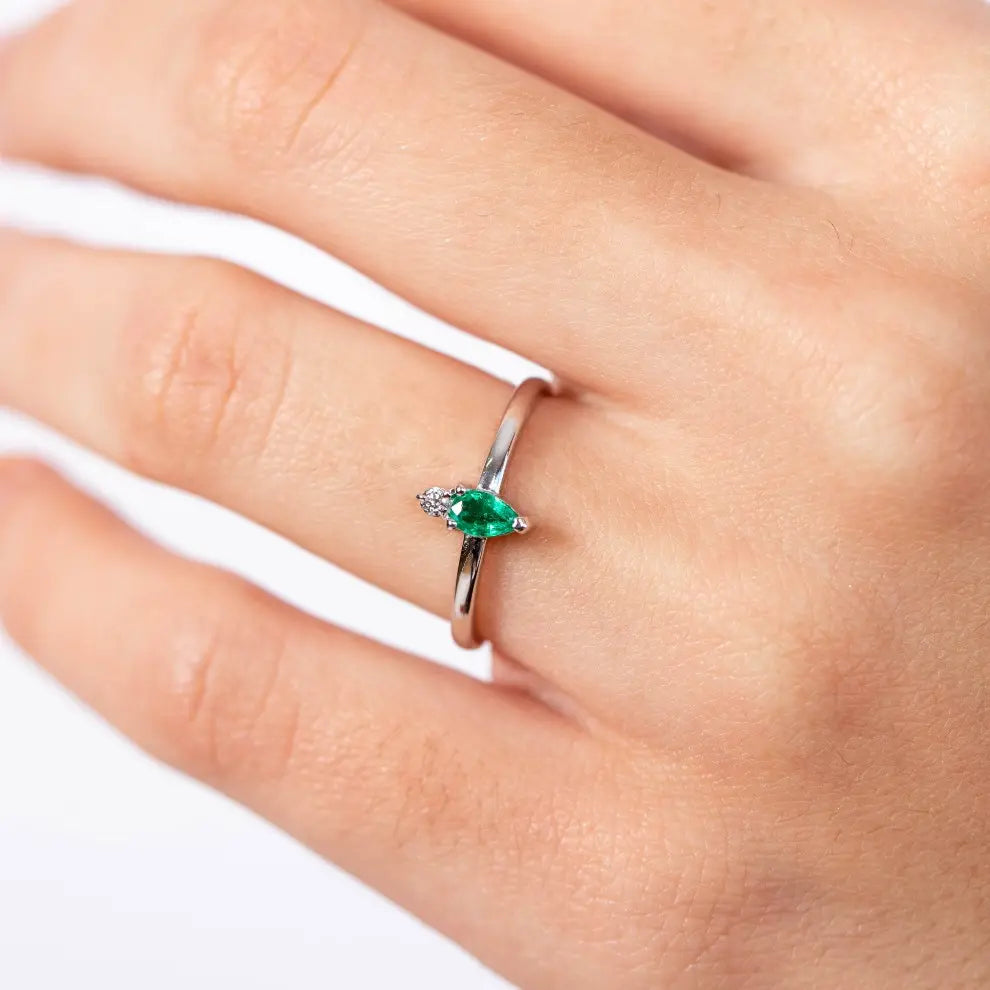Emerald Engagement Ring with Diamond 14K White Gold