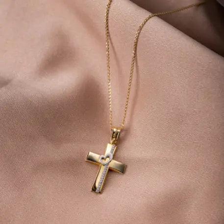 Two-Tone Gold Cross with Heart and Chain