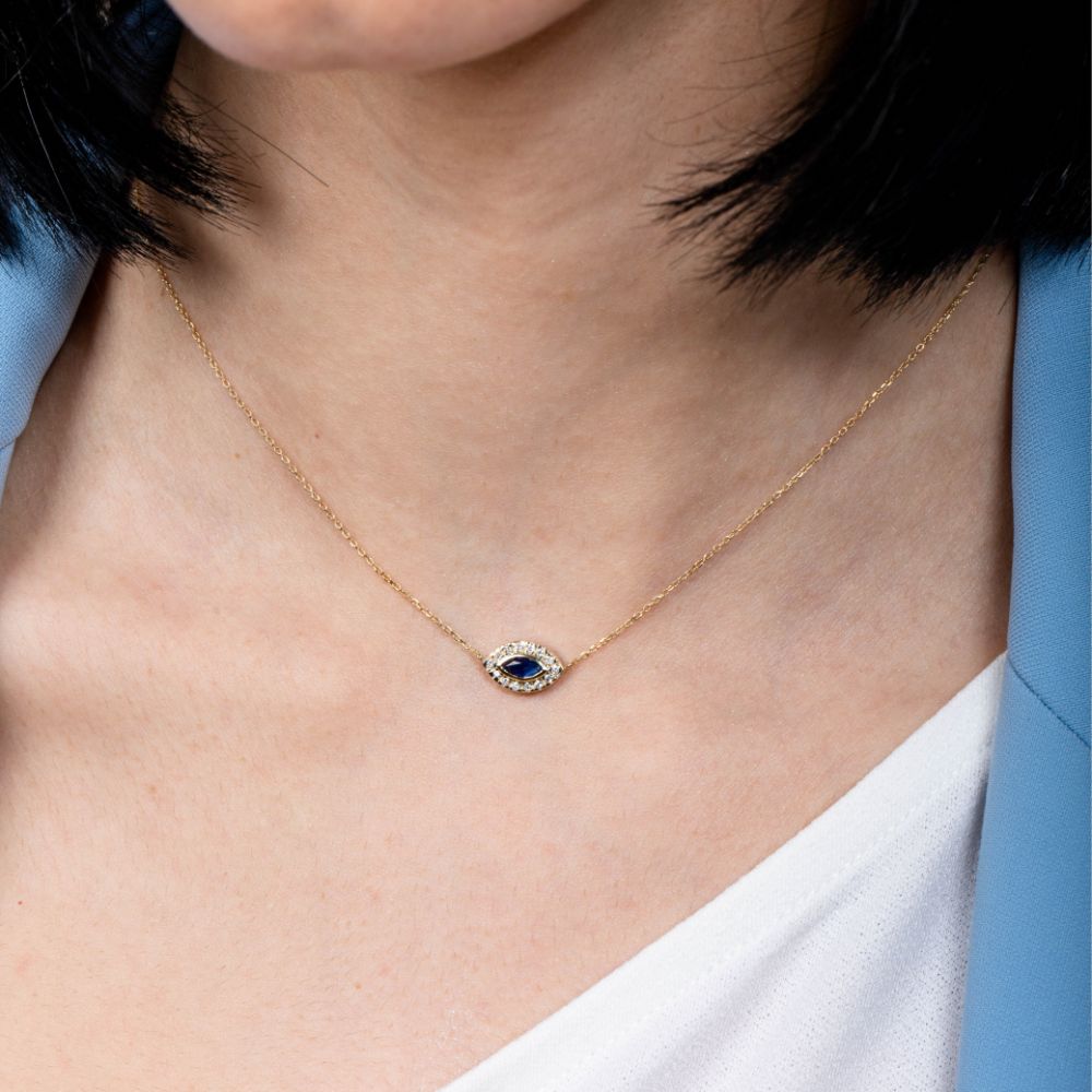 Sapphire Diamond Eye Necklace 14K Gold