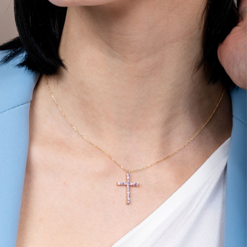 Pink Sapphire Cross Necklace 14K Gold