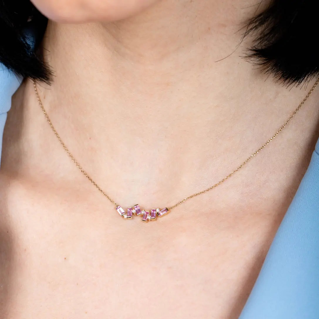 Pink Sapphire Baguette Necklace 14K Gold