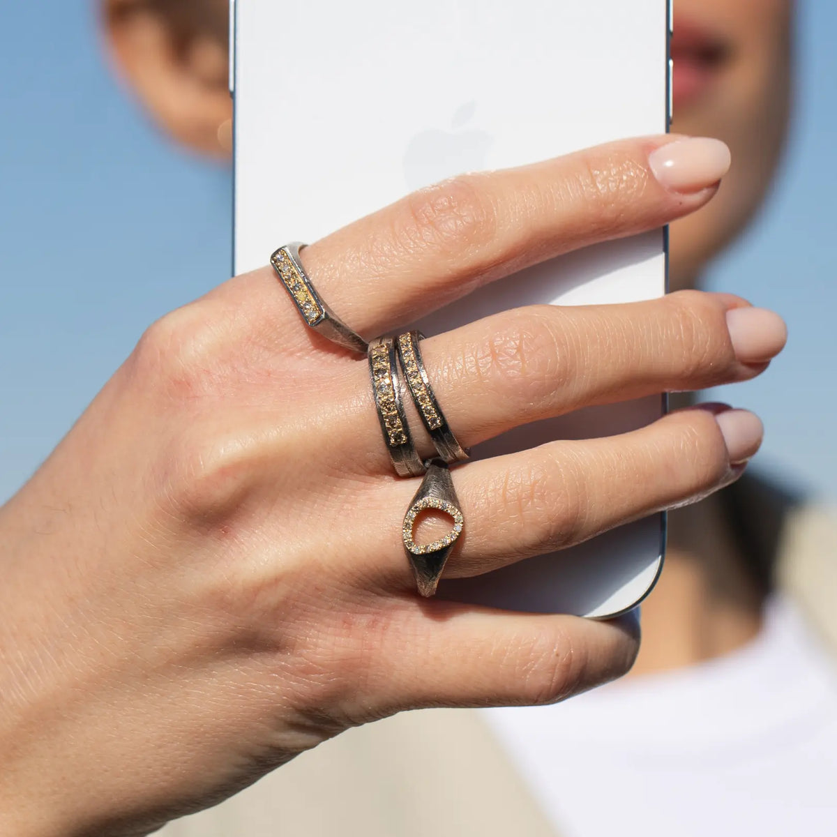 Slim Brown Diamond Band Ring in Silver and 14K Gold