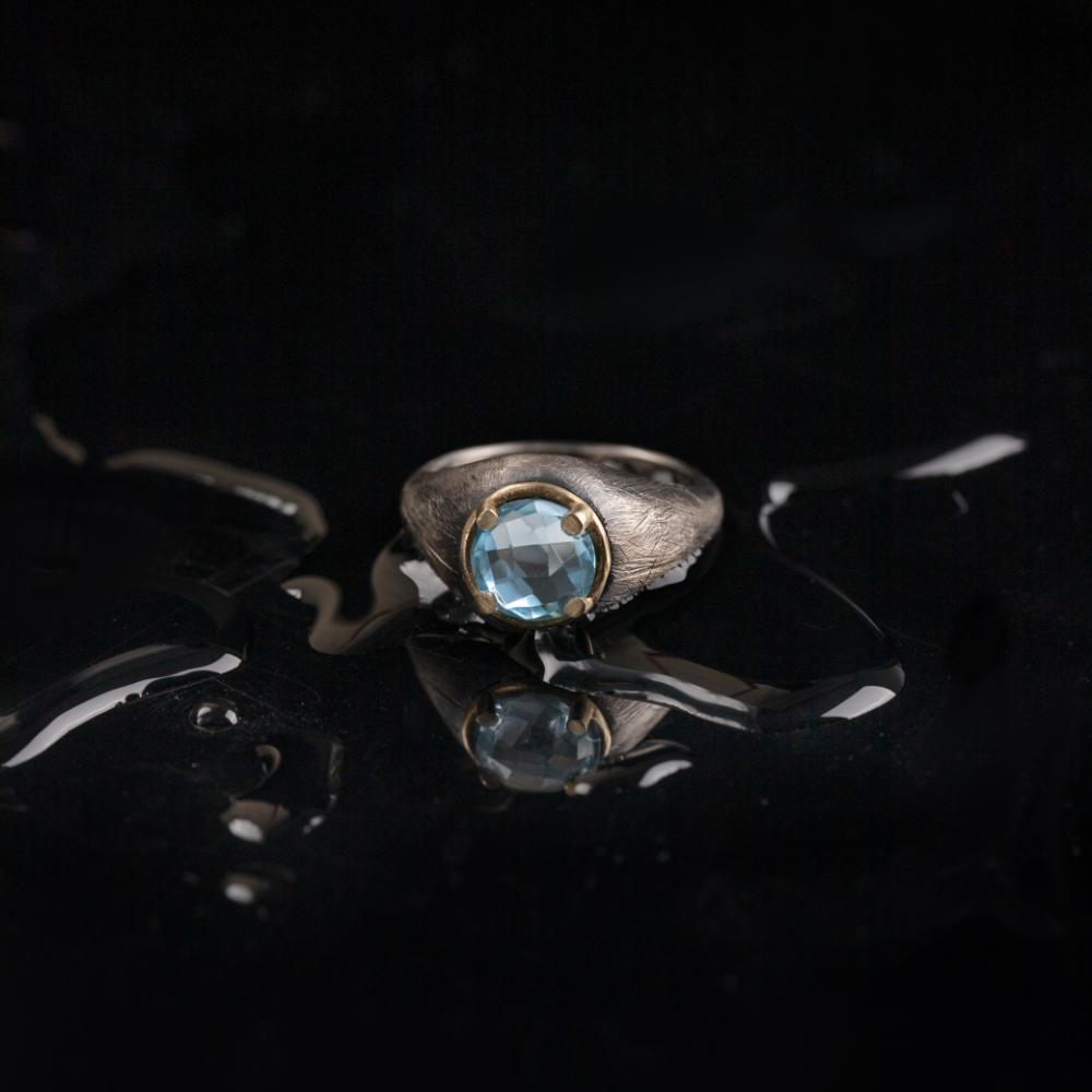 Blue Topaz Ring Oxidized Silver 925 14K Gold