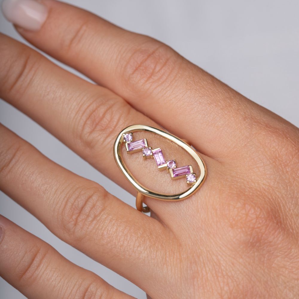 Pink Sapphire Oval Ring 14K Gold Statement