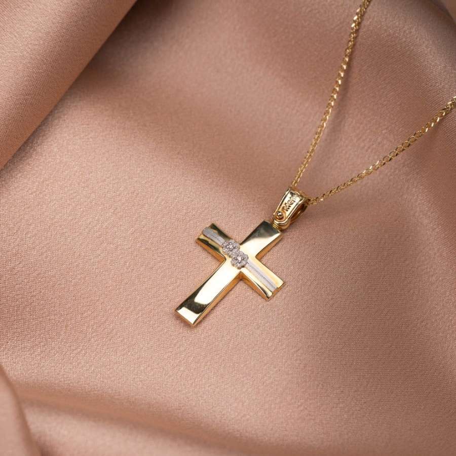 Two-toned Baptism Cross with Flowers and Chain 14K Gold