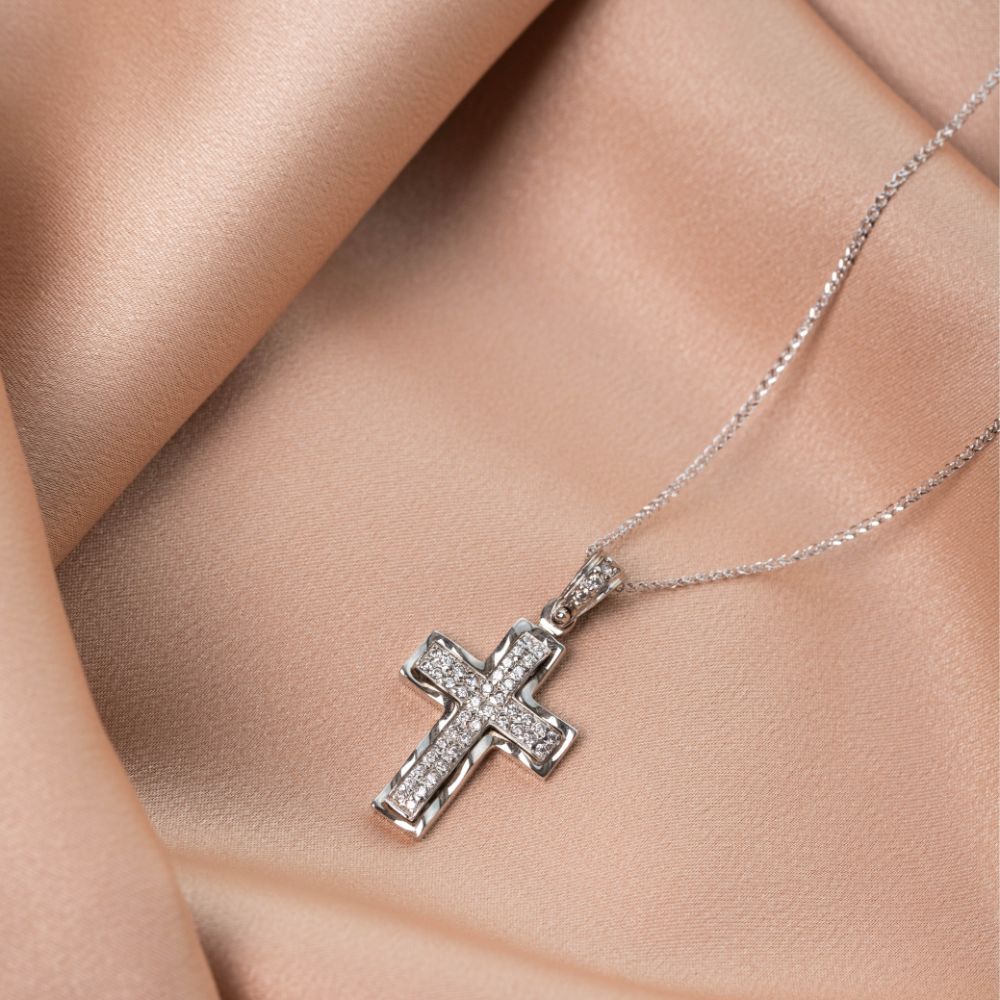 Textured Cross with Chain 14K White Gold
