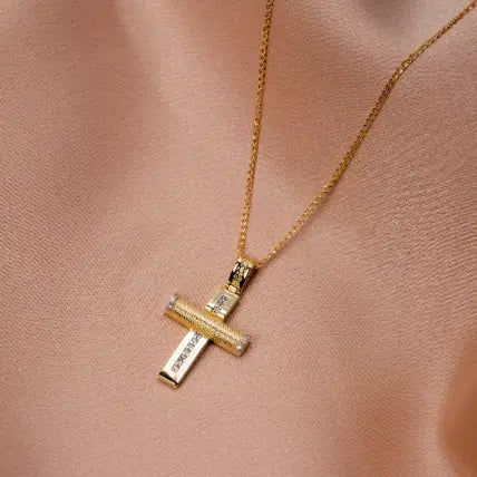 Textured Christening Cross Necklace 14K Gold