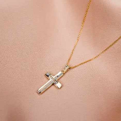 Two-sided Cross with Chain 14K Gold